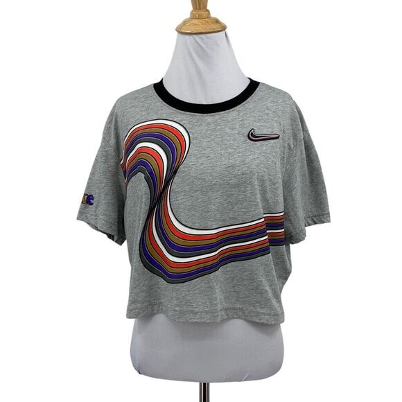 Nike T Shirt Women M Medium Gray Sportswear Crop Graphic Ringer Short Sleeve Tee - Picture 1 of 13
